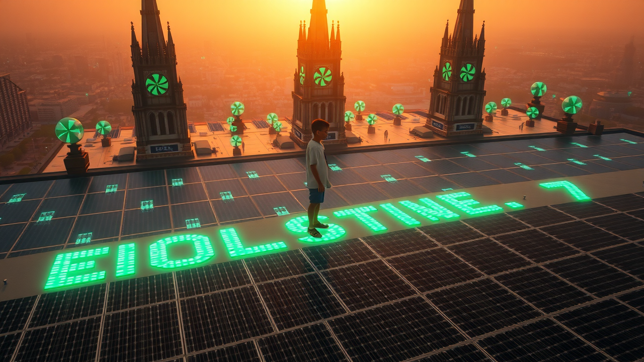 Dream image: solar panels as reflective ponds holding memories, red candles rising