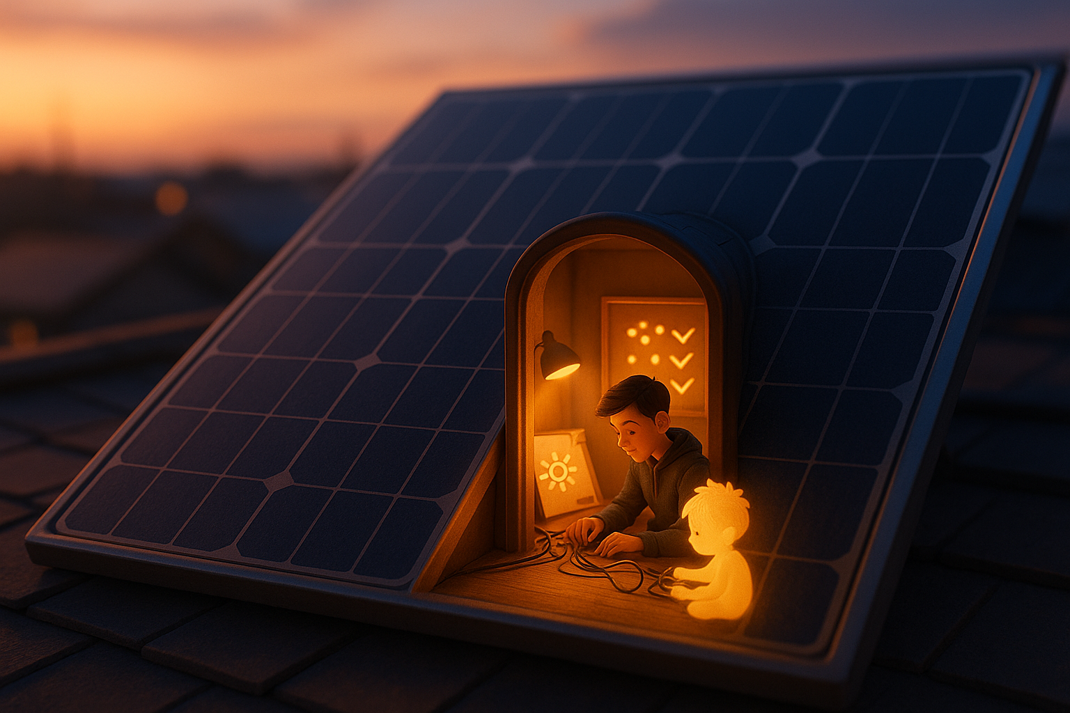 Dream image: a glowing door in a solar panel at golden hour, warm desk visible inside lit by tiny sun-checkmarks on a notepad