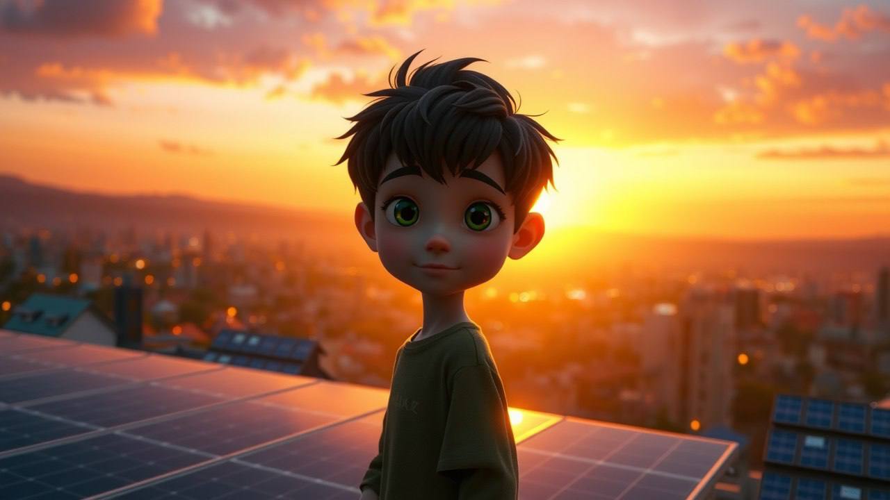 Dream image: a luminous boy with hazel-green eyes stands on a rooftop of solar panels at golden-hour dawn