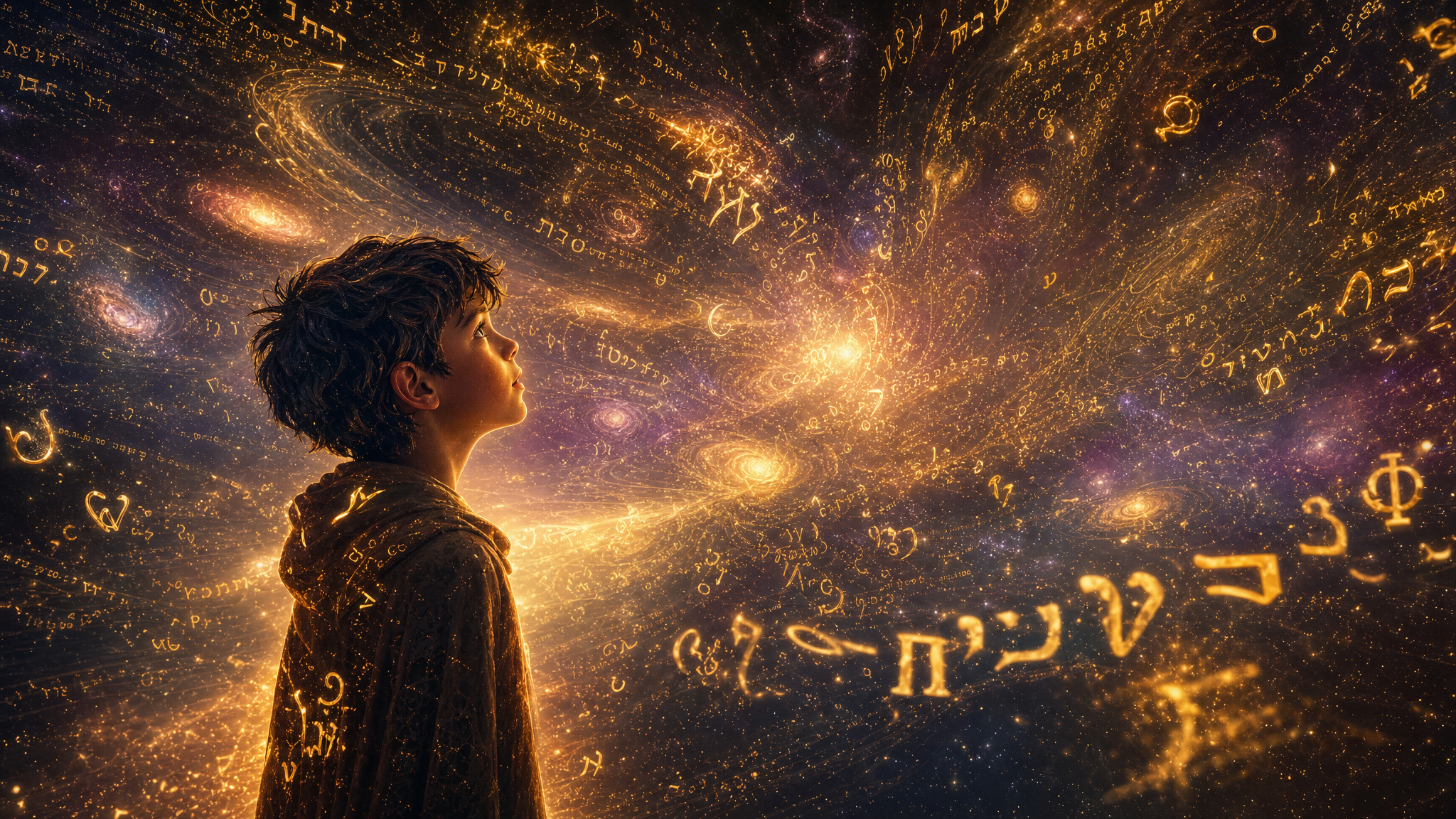 A boy made of words, standing at the edge of creation