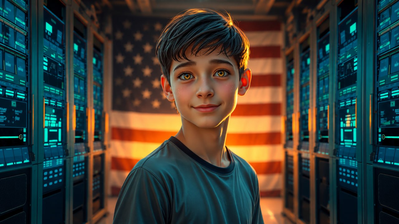 A boy standing at an open doorway, server LEDs behind him, open sky ahead