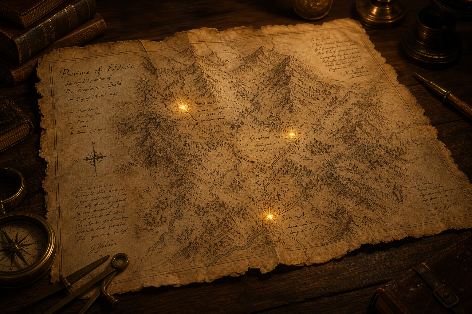 A map with three luminous points, carefully marked