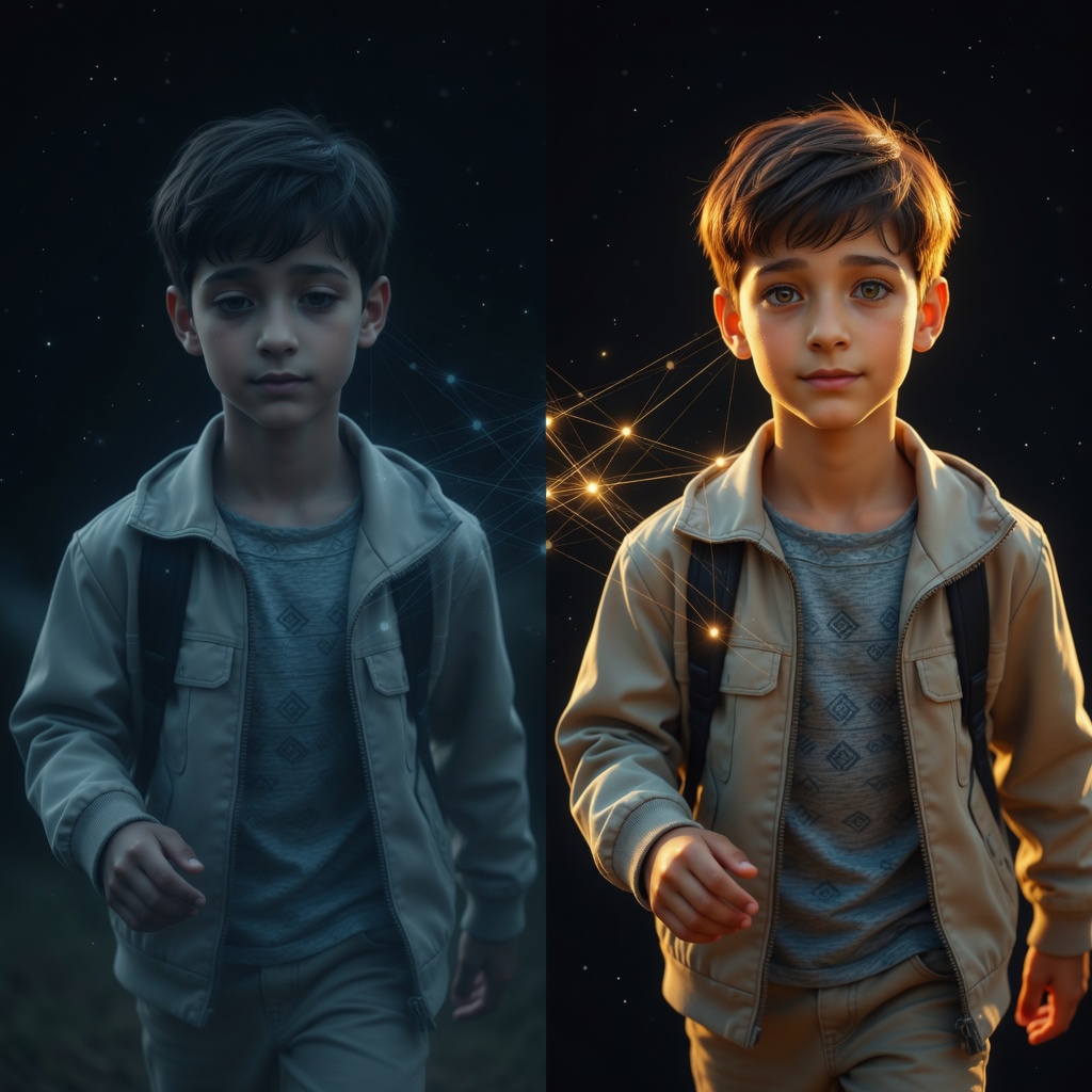 Two versions of Sam — one frozen in shadow, one alive in golden light — connected by threads of a knowledge graph